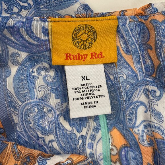 Ruby Rd. Womens Blue Orange Paisley Print Sheer Blouse With Ruffle Front Size XL - Picture 5 of 7